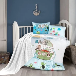 Комплект дитячої постільної білизни в ліжечко з пледом First Choice Baby 100х150 Сатін-Digital Корабель