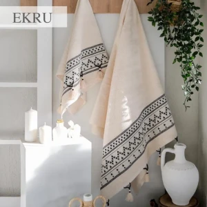 Набір махрових рушників з китицями Istanbul 50x90 см + 90x150 см Кремовий