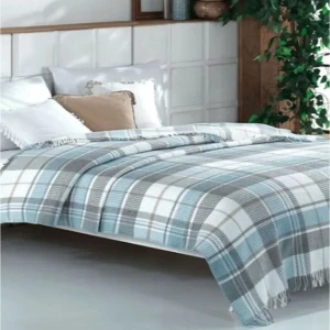 Плед бавовняний  Aksu 180×220 см  Сіро-м'ятна клітинка