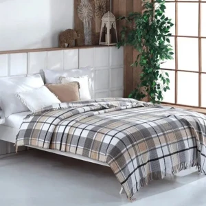 Плед бавовняний  Aksu 180×220 см  Cіро-коричнева клітинка