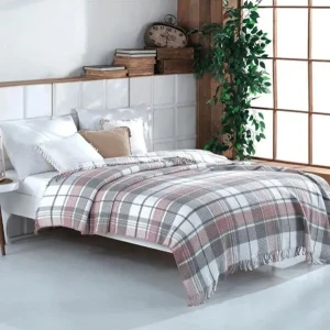 Плед бавовняний  Aksu 180×220 см  Cіро-рожева клітинка