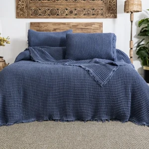 Вафельне покривало з наволочками Saheser з Norah Indigo Євро 240 х 260 см Бавовна Синій