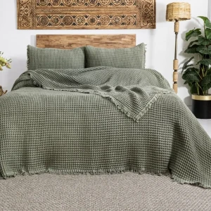 Вафельне покривало з наволочками Saheser з Norah Khaki Євро 240 х 260 см Бавовна Хакі