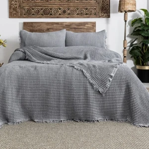 Вафельне покривало з наволочками Saheser з Norah Євро 240 х 260 см Бавовна Сірий